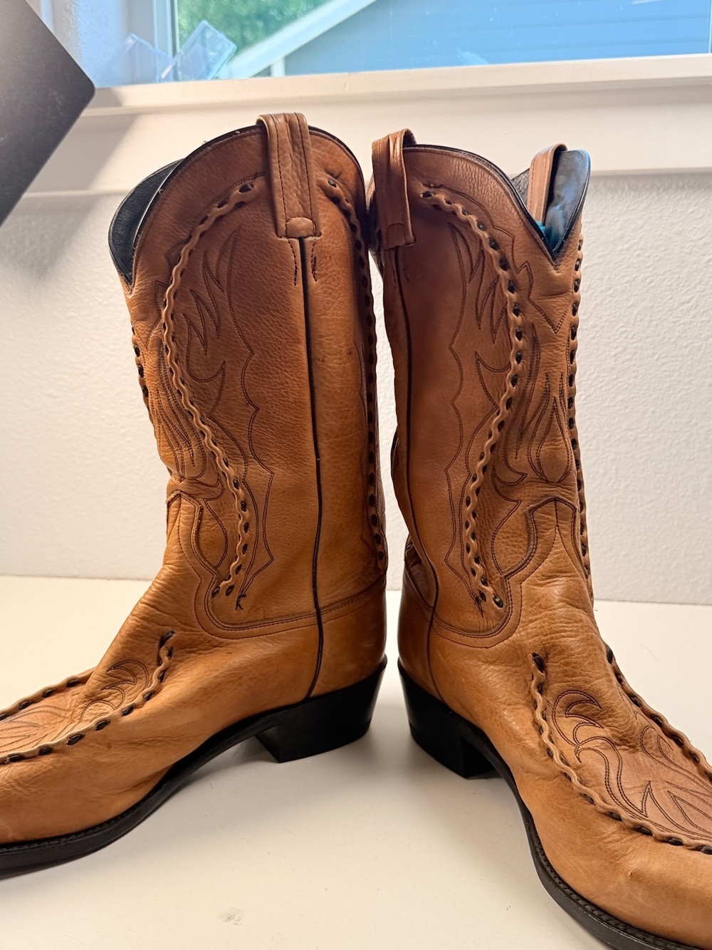 Vintage Dan Post Mens 12 E Tan Buckstitch Pointed Toe Cowboy Boots - Picture 3 of 15